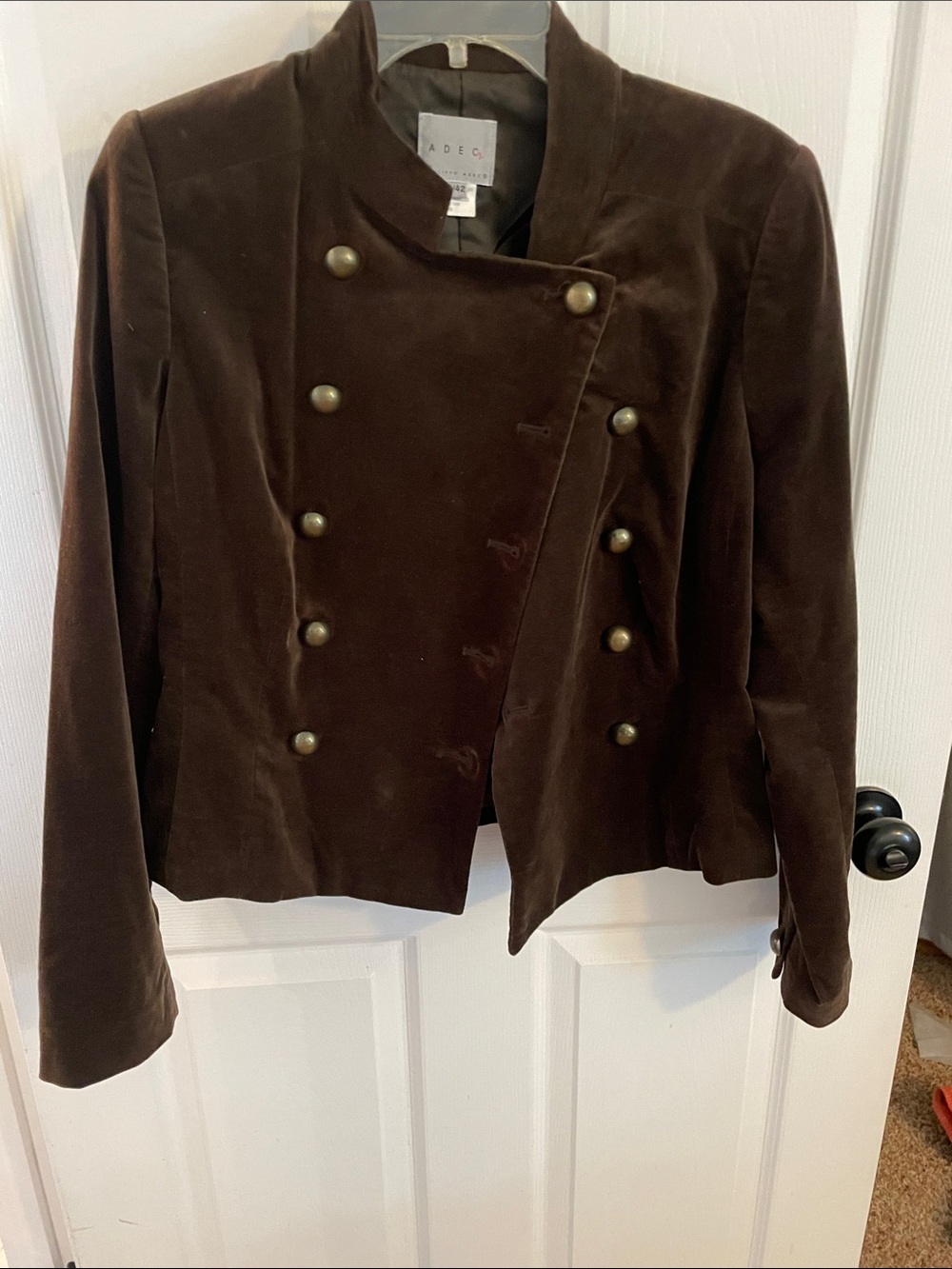 Philippe Adec Dark Brown Velvet Double-Breasted Military-Style Blazer